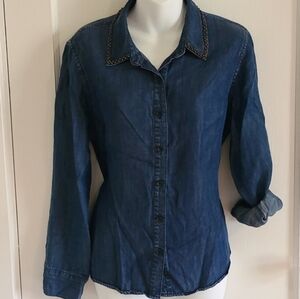 Coldwater Creek Blouse Denim Beaded Accent